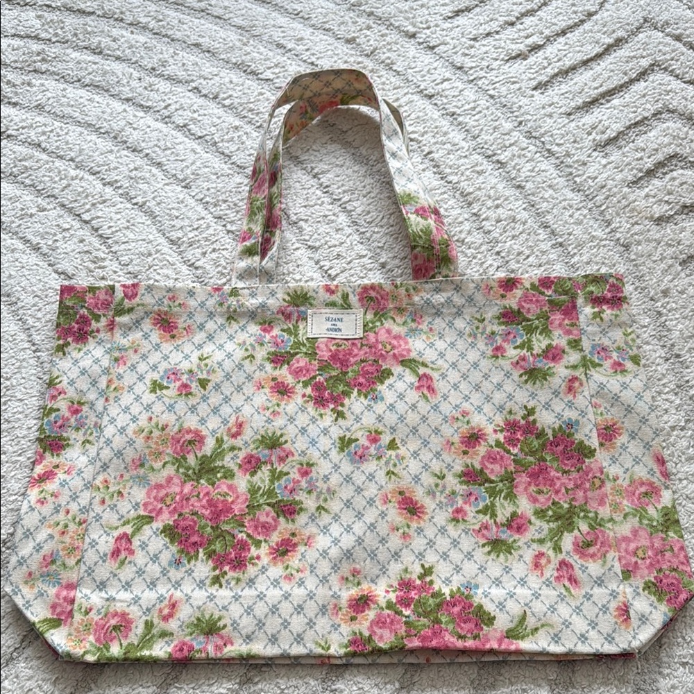 Sezane Pink and Green Floral Tote Bag